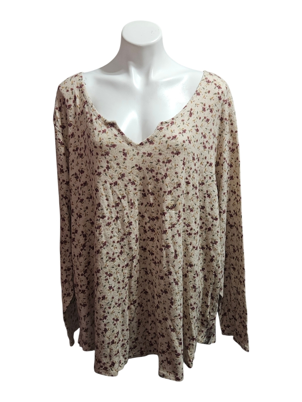 Maurices Cream Long Sleeve V-Neck Top with Burgundy Floral Motif
